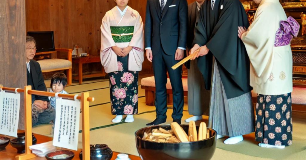 神社の厄払いを家族と一緒に受けている人